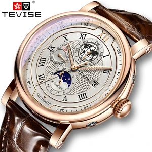 2021 TEVISE Business Waterproof Mens Mechanical Watches Top Brand Luxury Leather Watch For Men Moon 