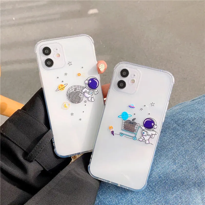 

Cute Astronaut Planet Transparent Phone Case For iPhone 11 Pro Max 12 Mini X XR XS Max 8 7 Plus SE 2020 Clear Back Cover Shell