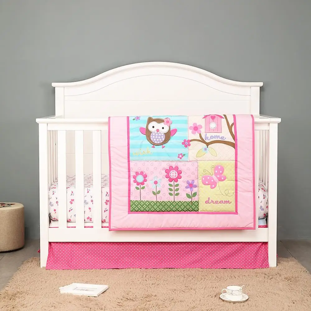 

3PCS owl Baby cot bedding sets ,100% cotton cartoon crib baby sheet ropa de cuna (fitted sheet+comforter+bed skirt)