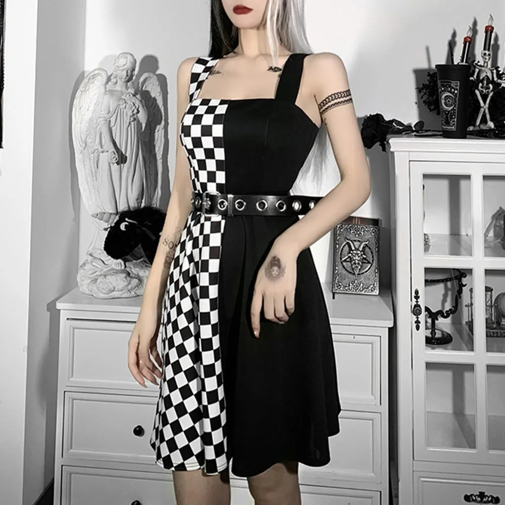 

2021 Summer New Black White Plaid Color Contrast Splicing Sling Dress Fashion High Street Women's High Waist Sexy Backless
