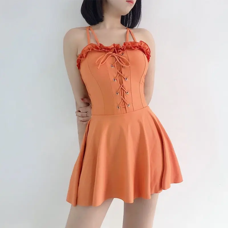 

Women's Swimwear 2021 One-Piece Korean Sexy Strappy Skirt-Style Vacation Bathing Suit Student Conservative Hot Spring Swimsuit