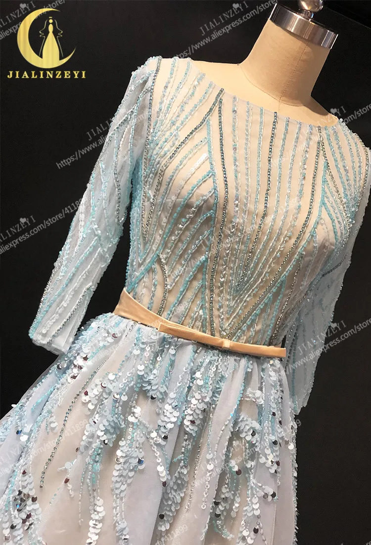 Rhine real Pictures Elie saab  Sky Blue Beads Knee Length Prom dresses arabic evening dresses long
