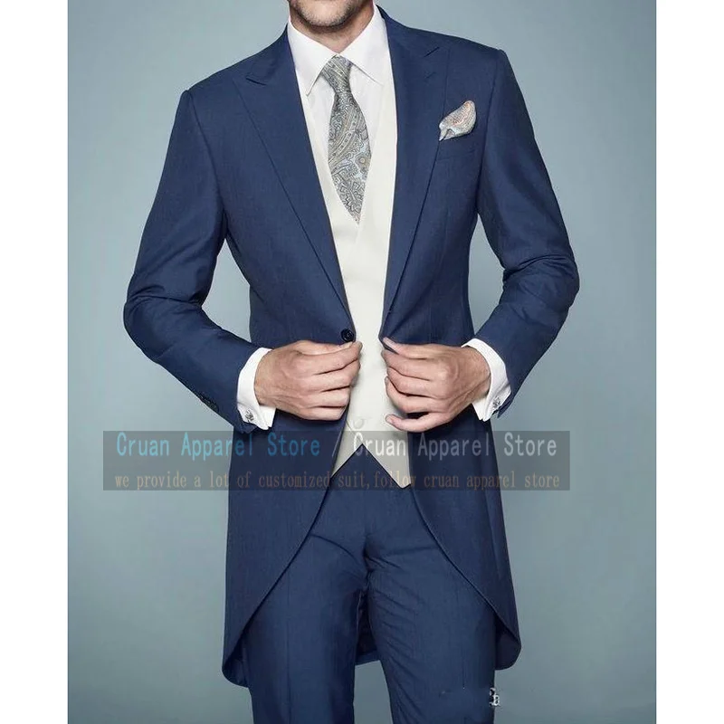 

Новый темно-синий костюм для мужчин, облегающий Свадебный костюм лучшего мужчины, костюм для жениха, пиджак с лацканами, жилет и брюки, 3 предмета