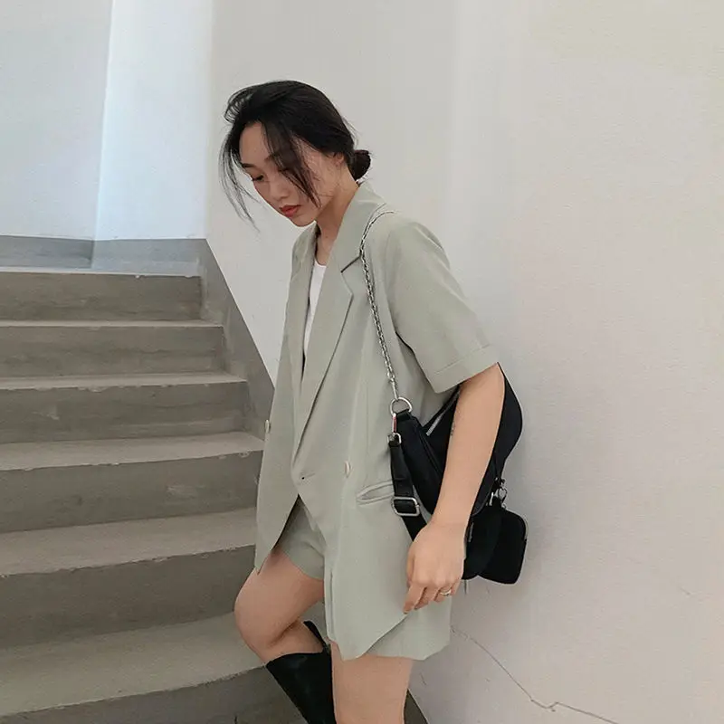 

New Women Sets Spring Summer Short Sleeve Blazer Shorts Pants Two Pieces Set Lady Casual Short Suits White Mint Green