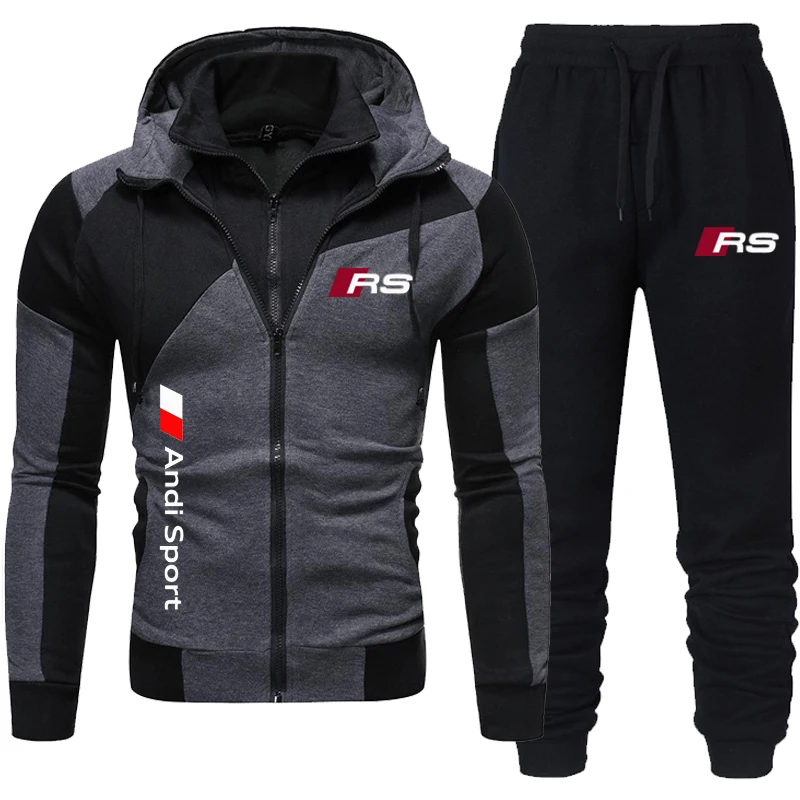 

2021 new men's hooded sportswear double zipper suit fashion casual sportswear men's running jacket + sports pants two-piece suit