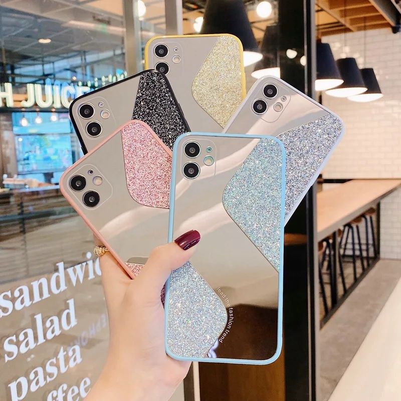 

Splicing mirror glitter s-shaped mobile phone case for Apple iPhone11ProMax acrylic mirror case