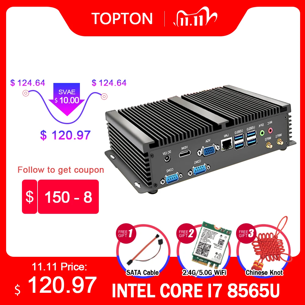 Безвентиляторный промышленный X86 Мини ПК i7 8565U i5 8265U 7*24 рабочих 2 * RS232 HDMI VGA 1 Lan 7 USB Wi