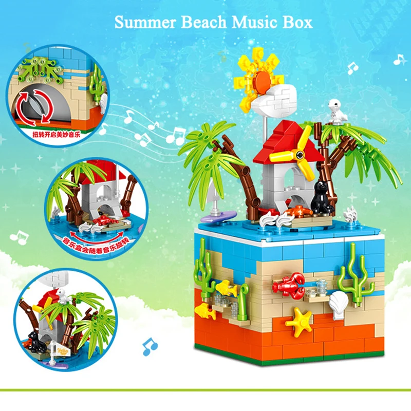 

425pcs Girl Gift Summer Beach Rotating Music Box DIY Model Building Blocks Children's Educational Toy Birthday Gift No Box