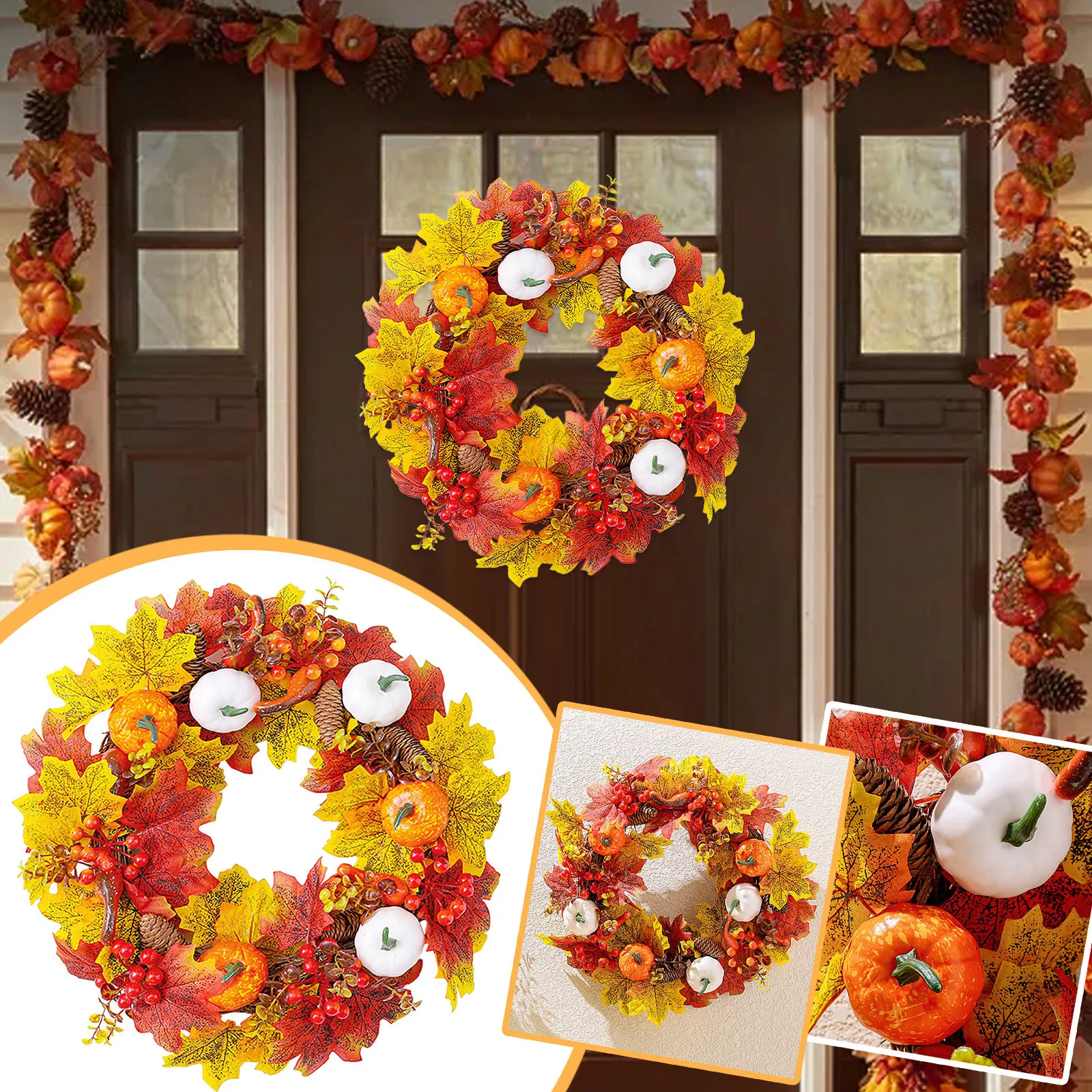 

Fall Wreath Thanksgiving Decorations For Front Door With Pumpkins Pinecone Berry Artificial Maple Leaves Wreath