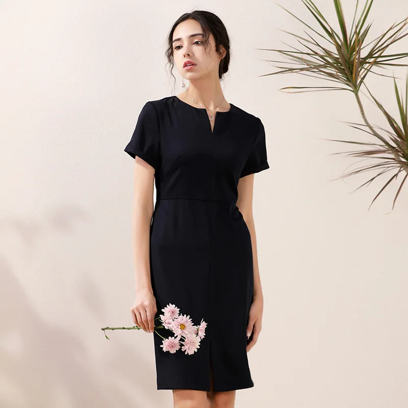 

Pure color dress women's 2021 spring and summer new simple intellectual slim professional ol Navy short sleeve skirt
