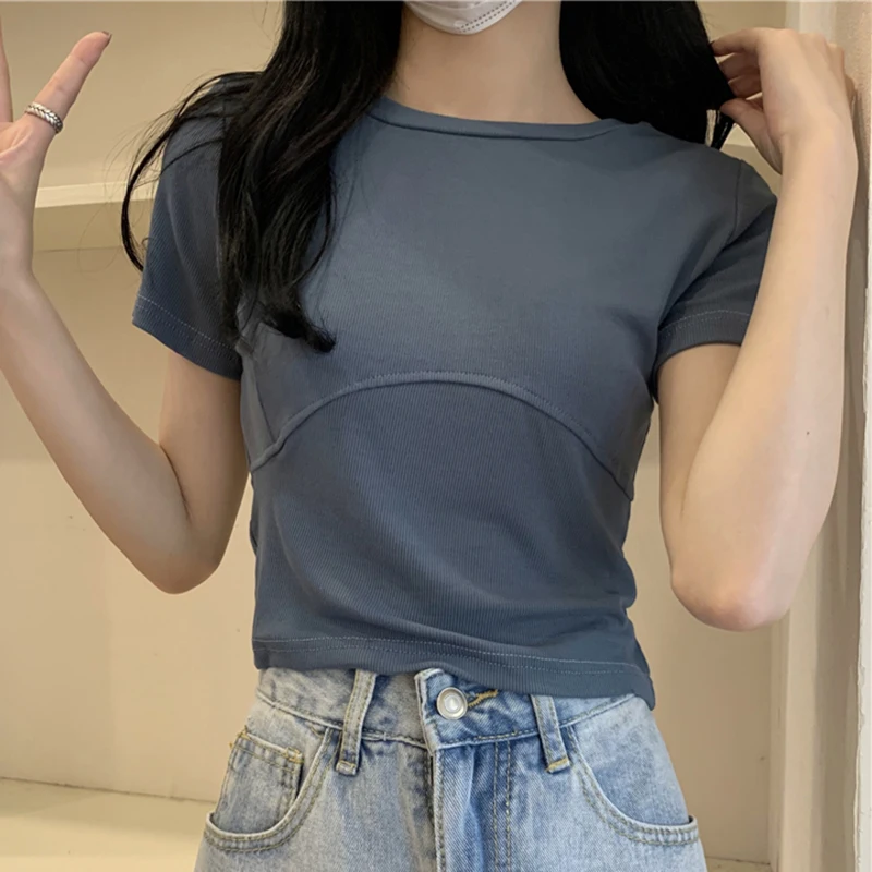 

Summer Korea Fashion Short Sleeve Tshirt Women Soft Cotton O-neck Soild Basic BlacK Casual Elasticity Tee Shirt Femme Woman Tops