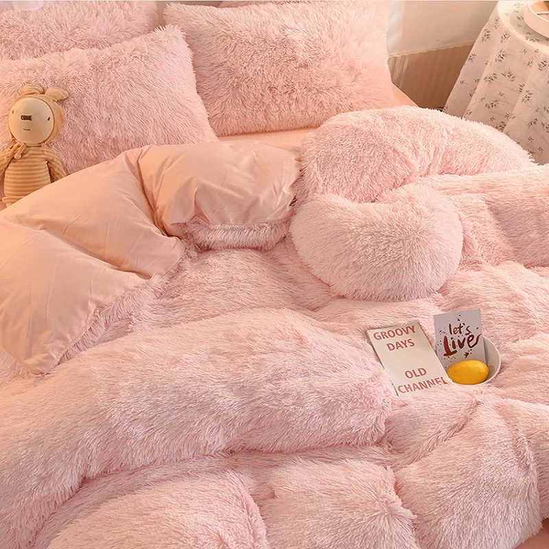 

Super warm bed plush velvet bedding set 4 pieces lamb wool and cashmere duvet cover sheet winter pillowcase dropshipping