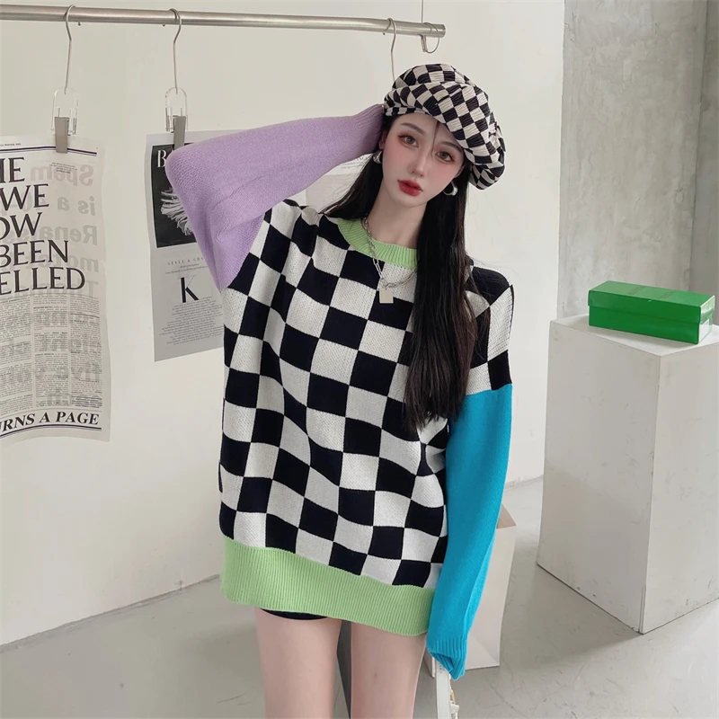 

Korean Chic Plaid Pattern Woman Sweaters for Autumn Winter New Oversized Loose Knitted Pullovers YOU1330