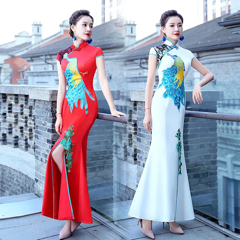 

White Exquisite Appliques Trim Formal Party Dress Women Sexy Slim Front Split Novelty Qipao Temperament Long Elegant Cheongsam