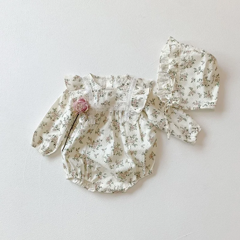 2Pcs Korean Lace Ruffle Cute Baby Romper With Hat Set Infant Vintage Floral Long Sleeve Jumpsuit Toddler Baby Girl Sweet Clothes