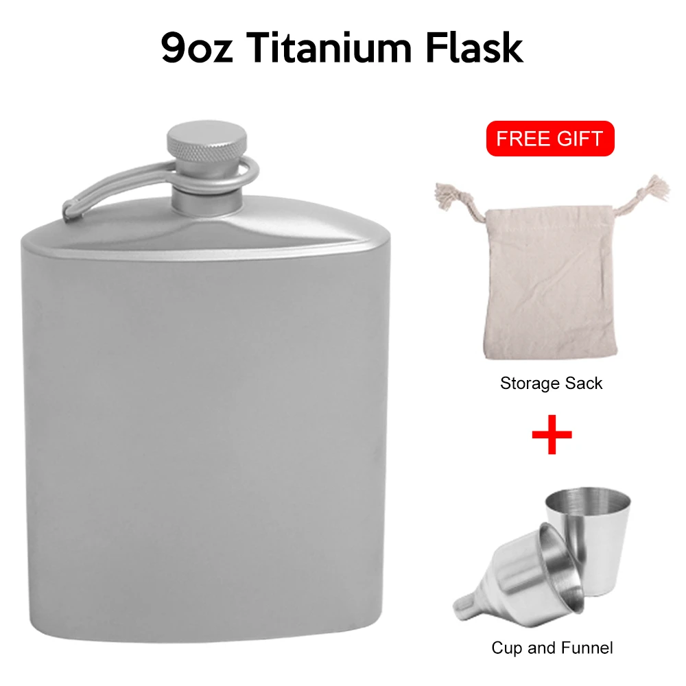 

9oz Titanium Hip Flask Portable Pocket Flagon Outdoor Camping Picnic Tableware Cookware Alcohol Flat Bottle with Mug Funnel