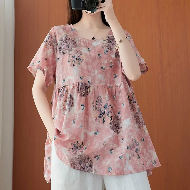

Women Cotton Linen Casual T-shirts New 2021 Summer Vintage Style O-neck Floral Print Loose Comfortable Female Tops Tees B433