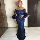 Синее вечернее платье-Русалка Aso Ebi с открытыми плечами и коротким рукавом, кружевное платье с цветами для выпускного вечера, официальная Женская одежда в Африканском и арабском стиле, 2020