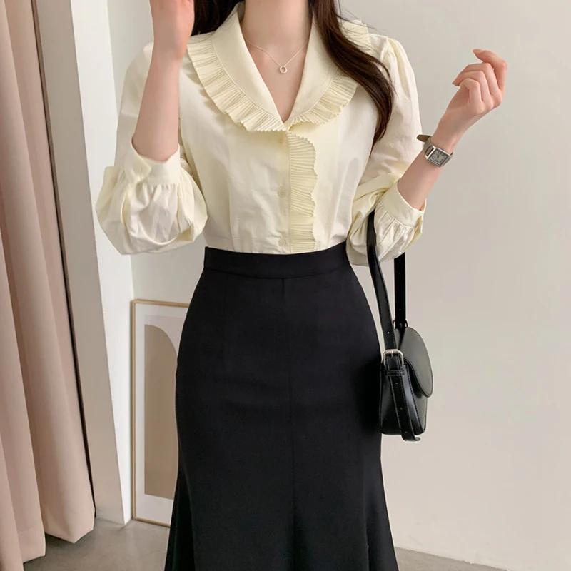 

Korean Style 2021 Women Summer Fashion Chiffon Solid Office Lady Shirts Elegant Sexy Notched Long Sleeve Blouse