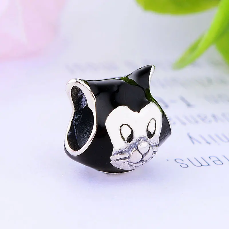 Бусина кошка Фигаро из серебра 100% пробы с черной эмалью подходит для