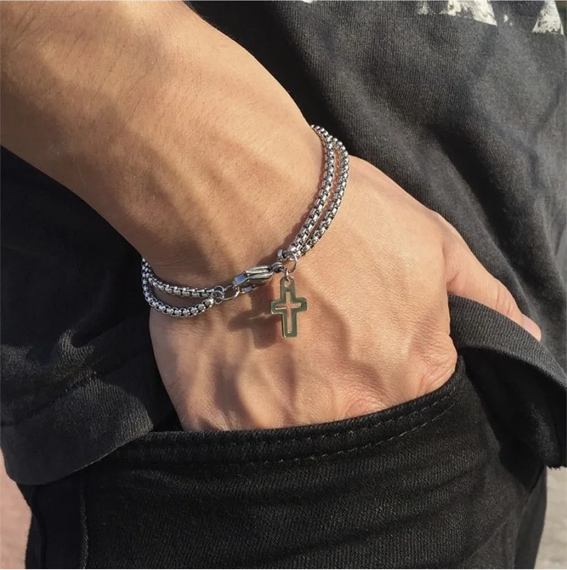 Модный мужской браслет в стиле панк с двойным слоем цепи и искусственным крестом