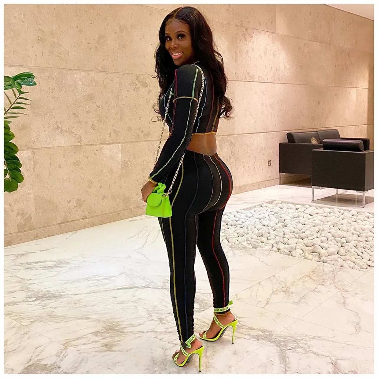 

Women Fashion Sports Two Piece Set Autumn Crop Top Leg Pants Striped Patchwork Tops pants 2 Piece Set Women's Tracksuits