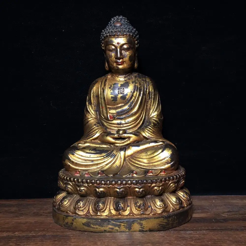 

11"Tibet Buddhism Temple Old Bronze Gilt Amitabha Buddha Statue Sakyamuni Sitting on a double lotus platform Amitabha Enshrine