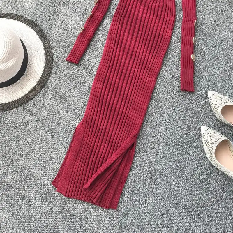 ALPHALMODA французское платье Популярные пуговицы рукав пуловеры туника платье вязаный свитер платье сплошное v-образным вырезом сексуальное платье шаг