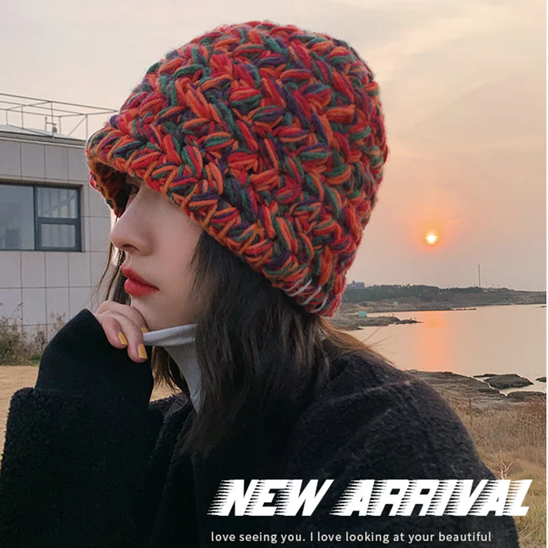 

Rough Knitted Wool Fisherman's Hat for Women Autumn and Winter all-match Japanese Solid color Hand-braided Tide Brand Face Show