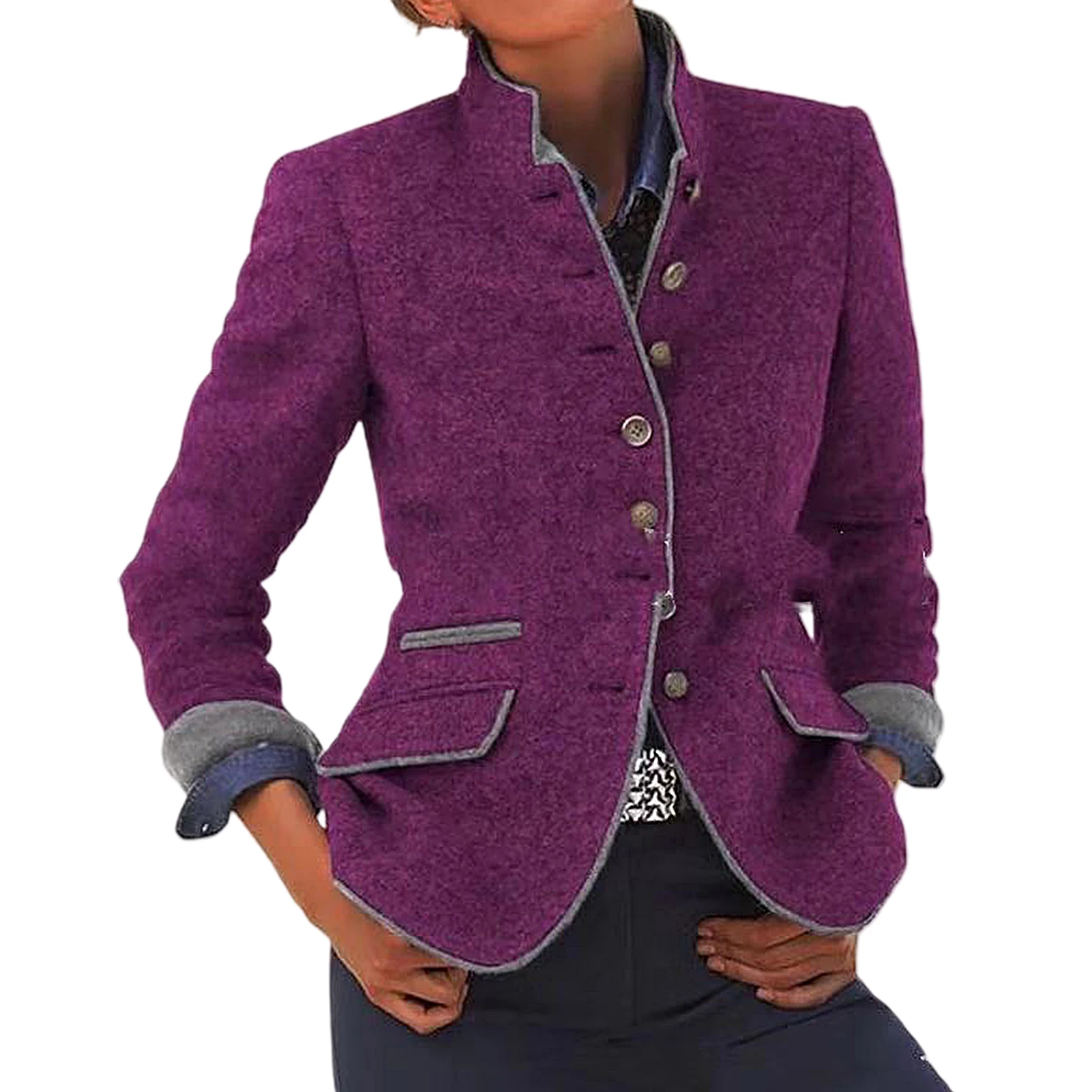 

Women Long Sleeve Button Stand Collar Autumn Winter Slim Woolen Coat Jacket