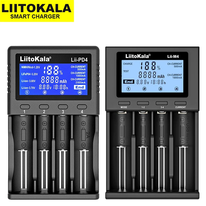 

LiitoKala Lii-PD4 Lii-M4 LCD Display Universal Smart Charger suitable for 26650 26700 18650 21700 17500 14500 AA AAA battery