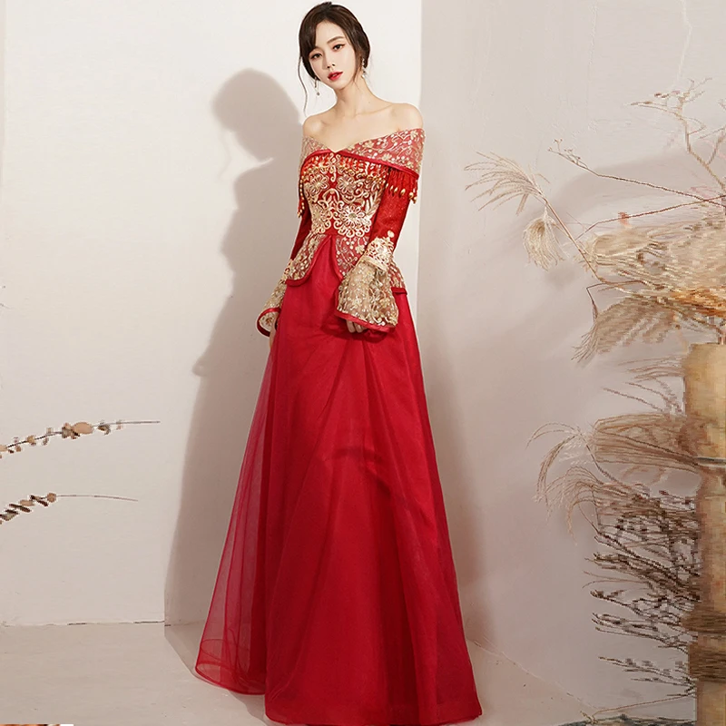 

Женское вечернее платье с вырезом лодочкой, элегантное винтажное платье-трапеция в пол из тюля с вышивкой, официальное платье, D746, размера п...