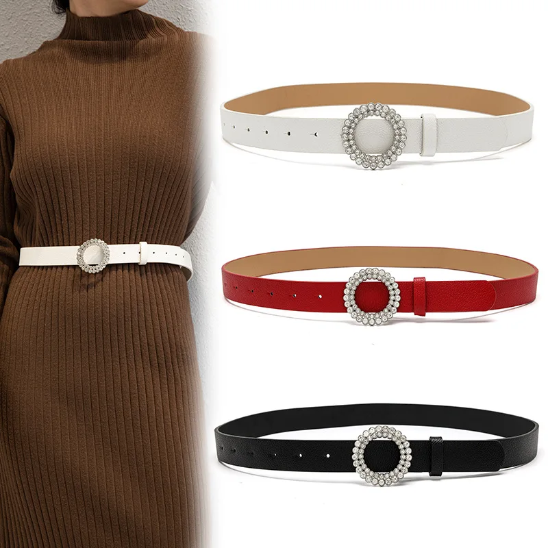 

Designer New Diamond Studded Round Buckle PU Leather Fashion Elegant Women's Belt Dress Jeans Decorative Rhinestone Belt