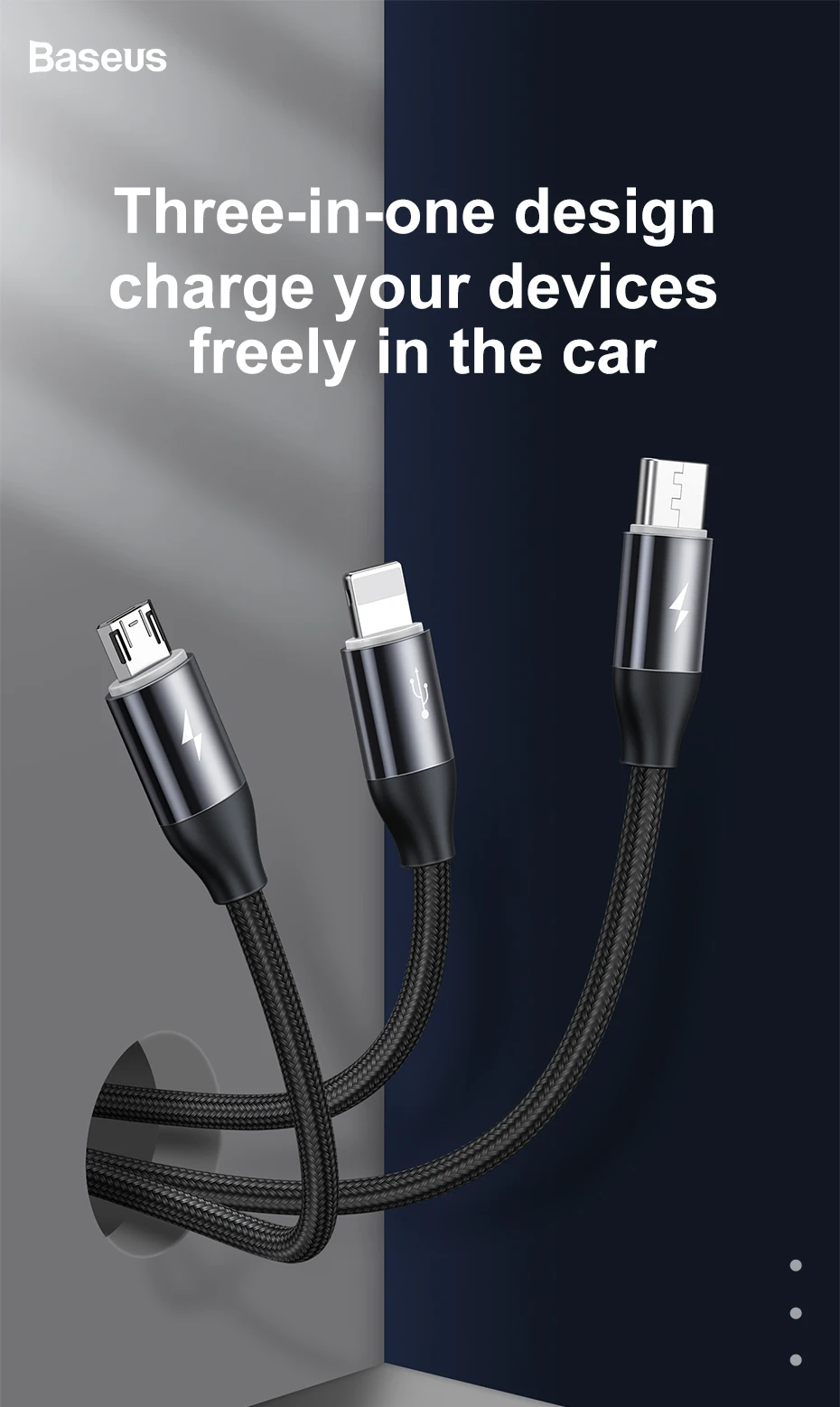 Baseus 3 in 1 USB Cable For iPhone Micro USB Type C Cable For Android Mobile Phone Magnetic Lighting Charger Cable USBC Microusb