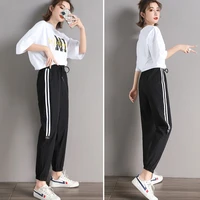 new plus size women pants side striped sweatpants autumn ankle length loose casual harem trousers black with white female wear
