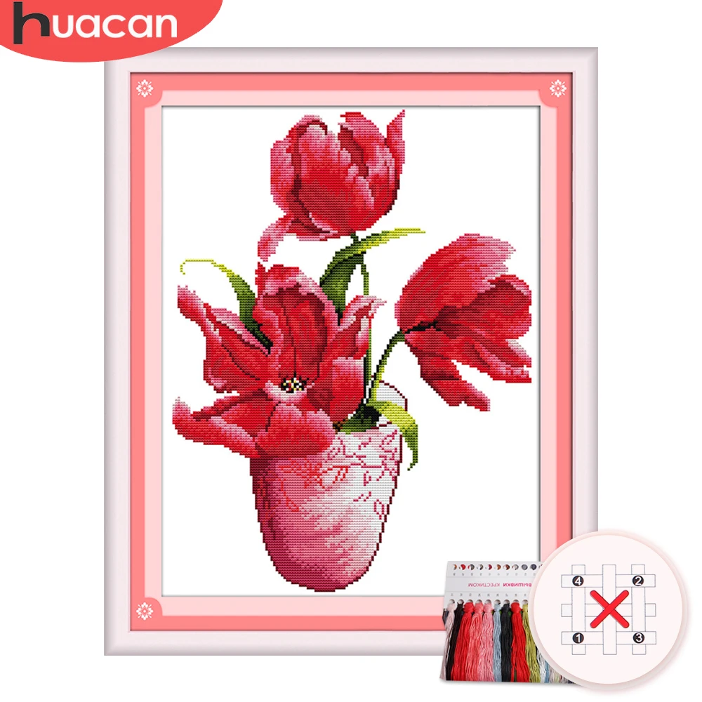 

HUACAN Cross Stitch Flower Kits Floral Sets White Canvas DIY Embroidery Gift Home Decoration Needlework 11CT 14CT