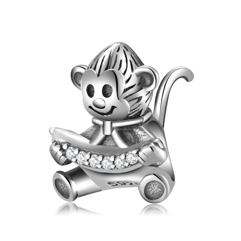 

925 Sterling Silver Charm Little Monkey Holding A Banana with AAA+ Cubic Zirconia Beads for Silver Bracelet DIY Jewelry