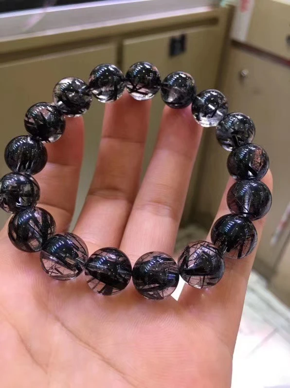 

12mm Natural Black Rutilated Quartz Crystal Bracelet Clear Round Beads Crystal Stretch Men Women AAAAAA Genuine