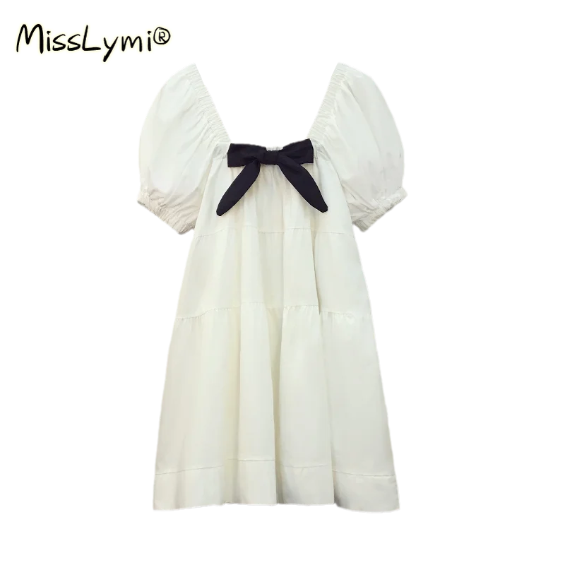 

4XL Plus Size Women Sweet White Mini Dress Summer 2021 Vintage Bow Square Collar Puff Sleeve Backless Loose Kawaii Party Dresses