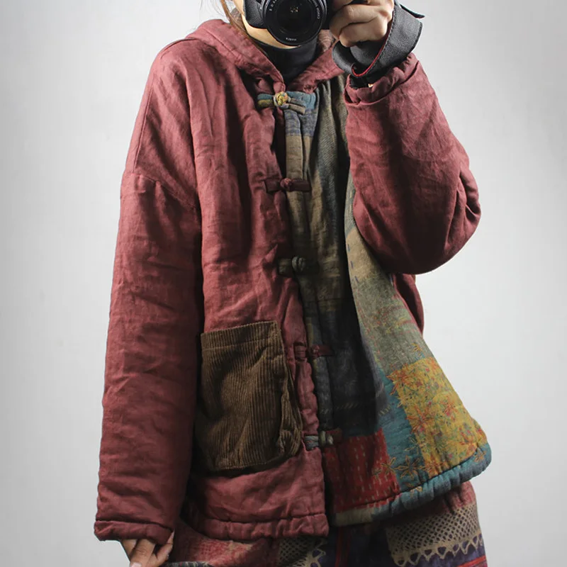 Женские винтажные парки зимнее хлопковое льняное пальто с капюшоном пуговицами