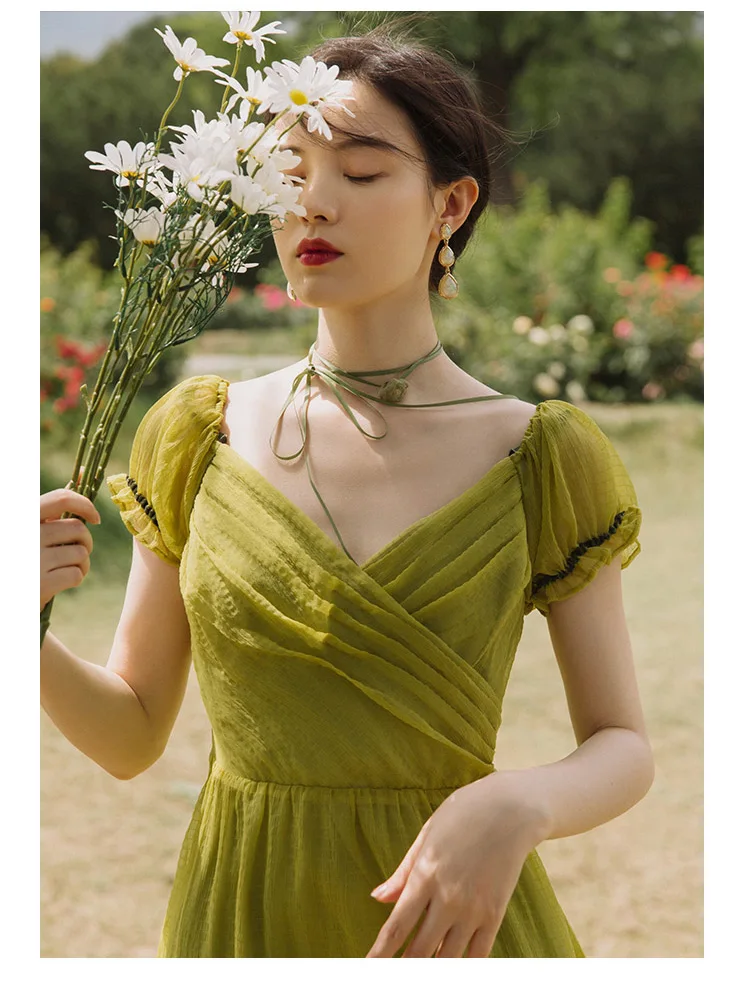 

Summer Lady Green Dress For Slim Women Korean Design Puff Sleeve V-Neck Vintage Fiary Dresses Kleider Damen Vestido Festa