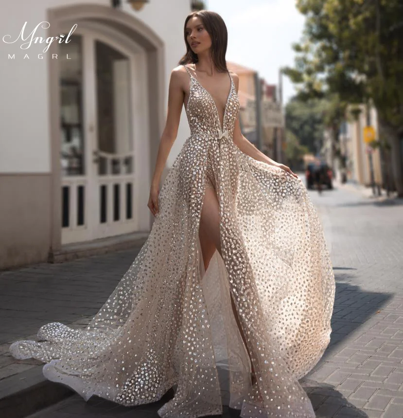 

MNGRL New Retro Sequins V-neck Sleeveless Wedding Dress Chiffon Perspective Outfit Bridal Dresses