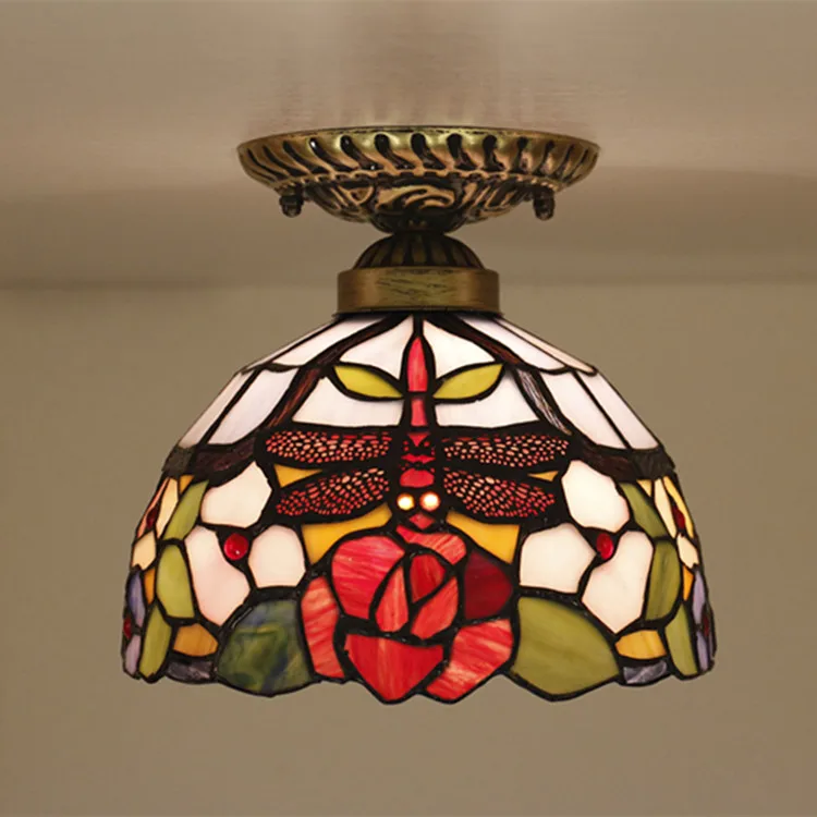 

8 Inch Glass Red Dragonfly Ceiling Lamp for Bedroom Retro Balcony Bar Restaurant Decorative Glass Flowers Shade Ceiling Light