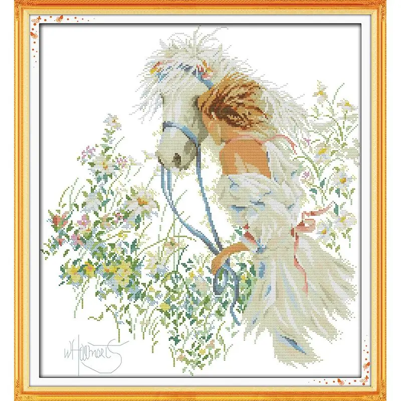 

Joy Sunday White horse & girl 11CT DMC print on canvas 14CT cross stitch set DIY Chinese cross stitch needlework kits Home decor