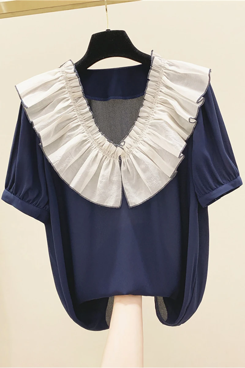 

Ruffled Doll Collar Short Sleeve Chiffon Shirt Women 2020 Summer Loose Blouse Ladies Blouses Tops Female Blusas