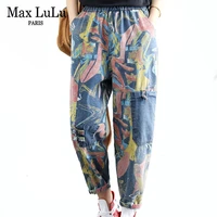 max lulu korean luxury designer spring ladies vintage printed jeans womens elastic harem pants female punk pantalons big size