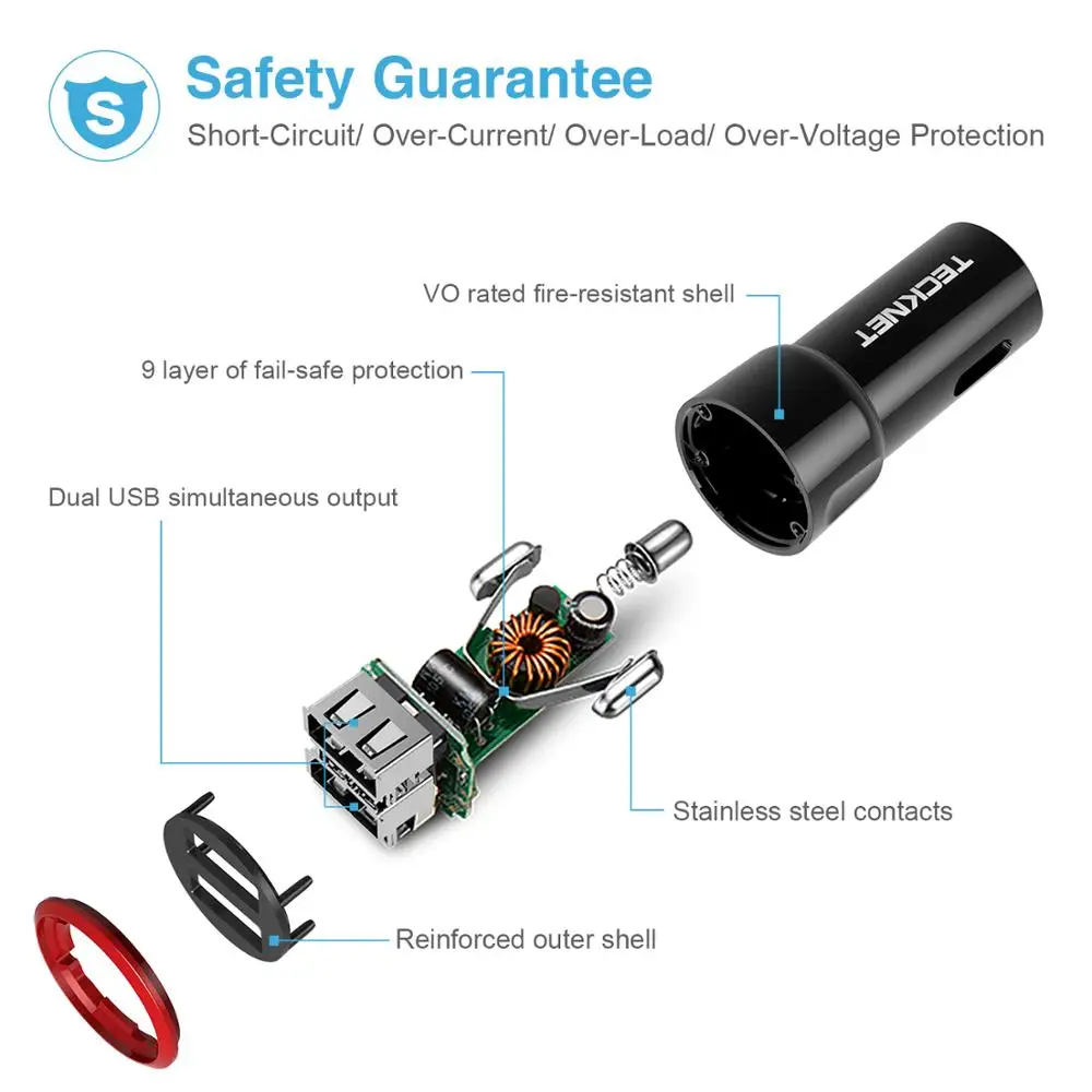 TeckNet PowerDash 5V Автомобильное зарядное устройство адаптер 4.8A/24W Двойная быстрая USB