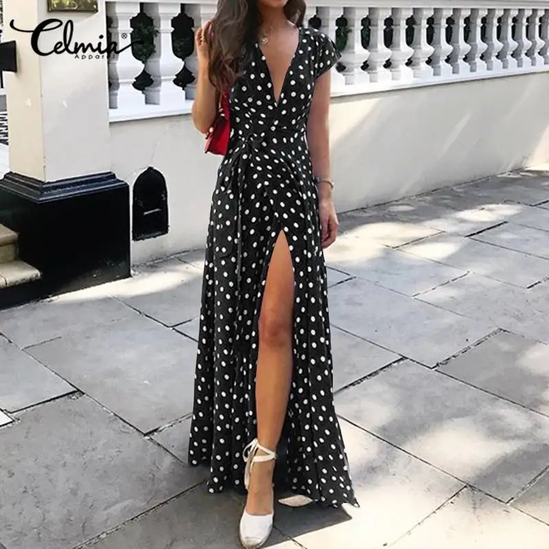 Платье Celmia женское с V-образным вырезом длинный богемный сарафан коротким