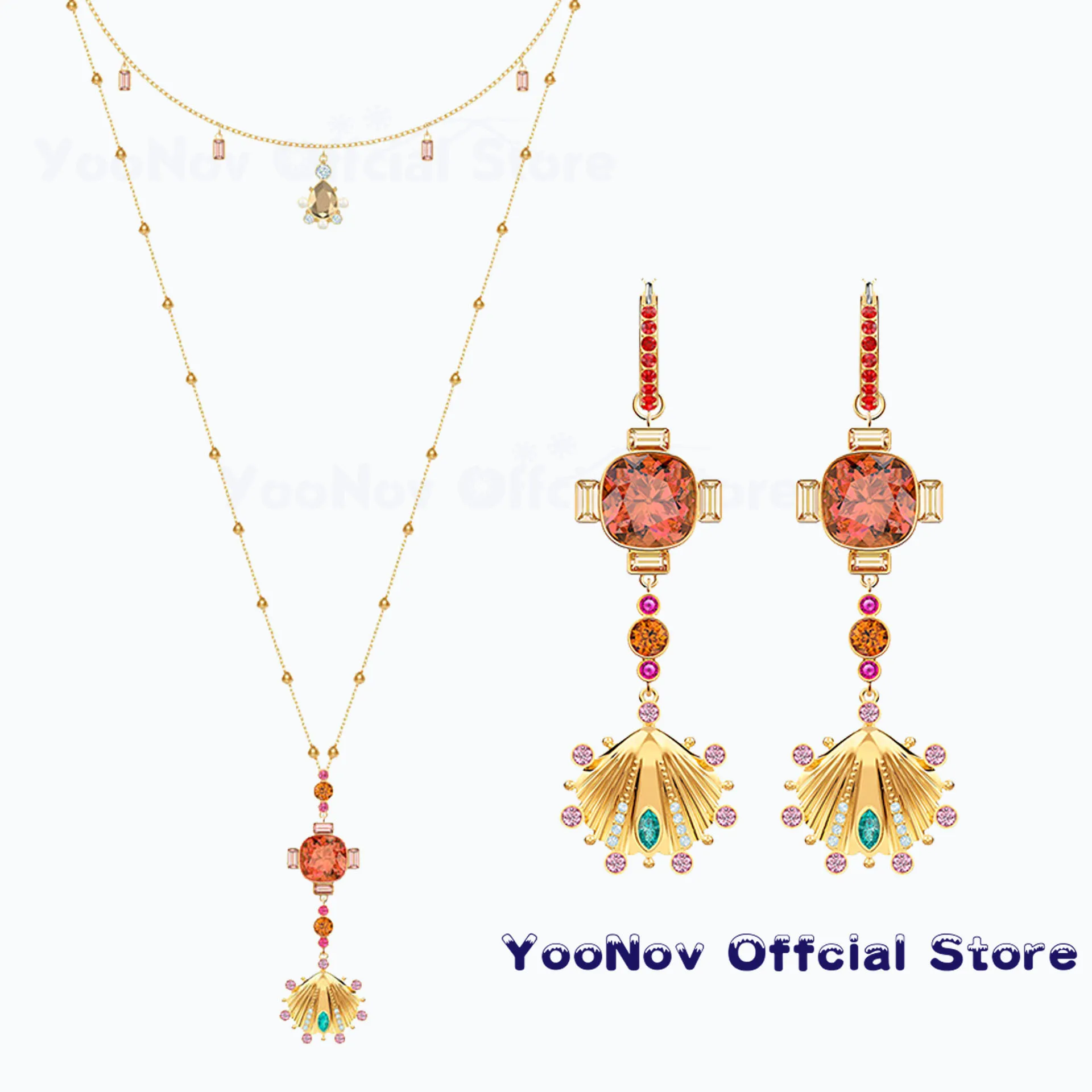 

SWA Original Fashion Jewelry Charming Shell LUCKY GODDESS Double Circle Bohemian BOHO Style Crystal Necklace Pendant For Women