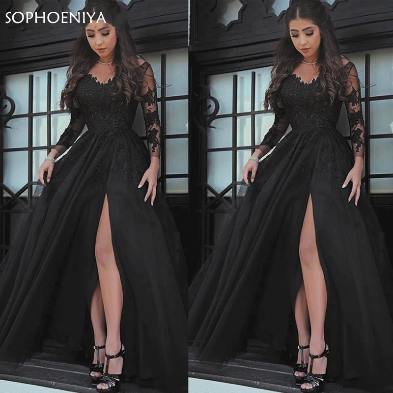 

New Arrival Robe Black Prom Dresses 2021 Lace Applique Elegant V Neck Long Sleeve Prom dress Vestidos de fiesta de noche